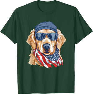 Golden Retriever Sunglasses Bandana Patriotic American Flag Women Kids Men T-Shirt - T-Shirt | Forest
