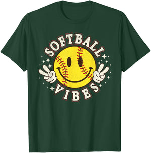 Softball Vibes Smile Face Game Day Softball Life Mom Retro T-Shirt - T-Shirt | Forest