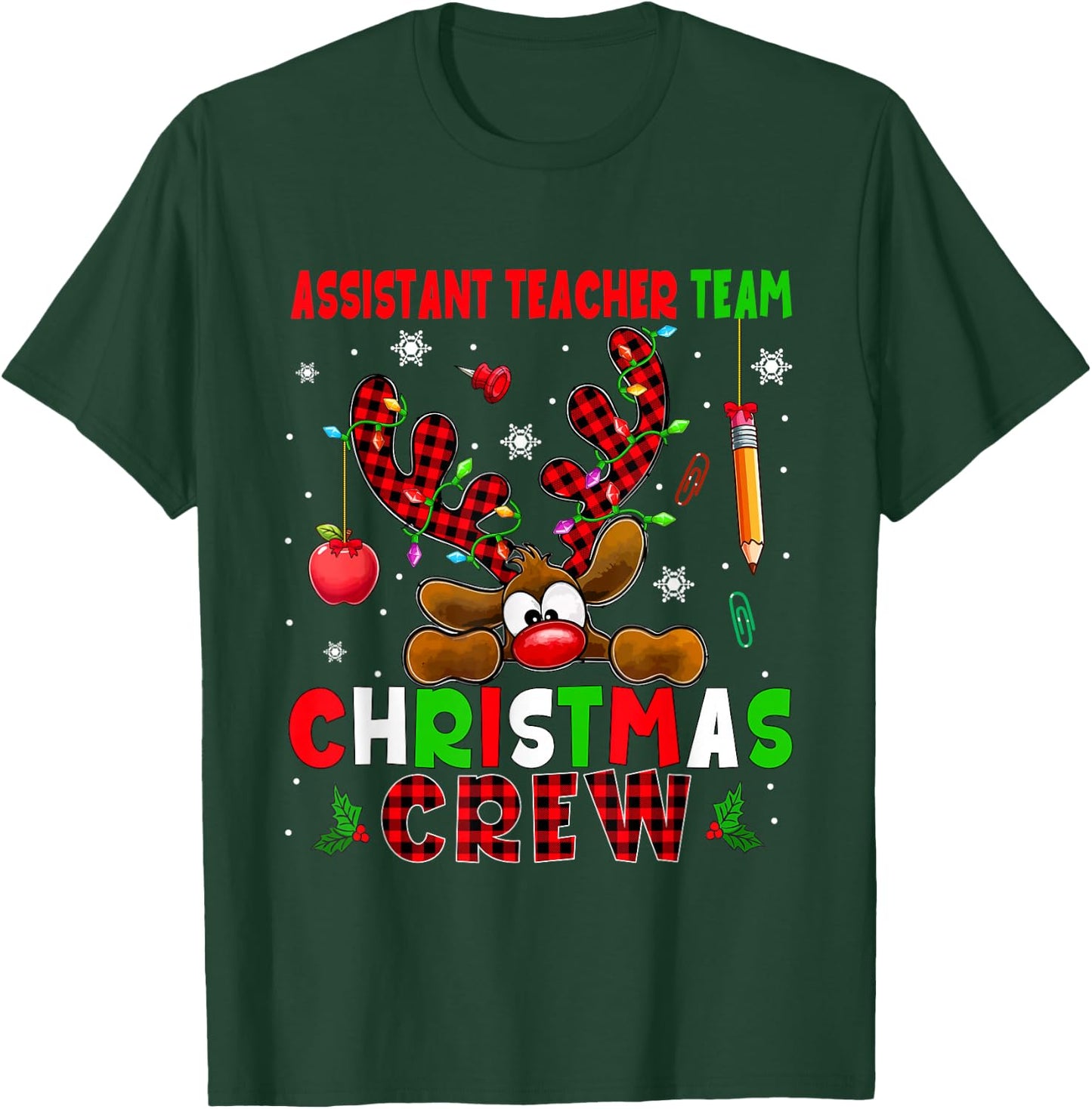 Assistant Teacher Team Christmas Crew Job Colorful Reindeer T-Shirt - T-Shirt | Forest