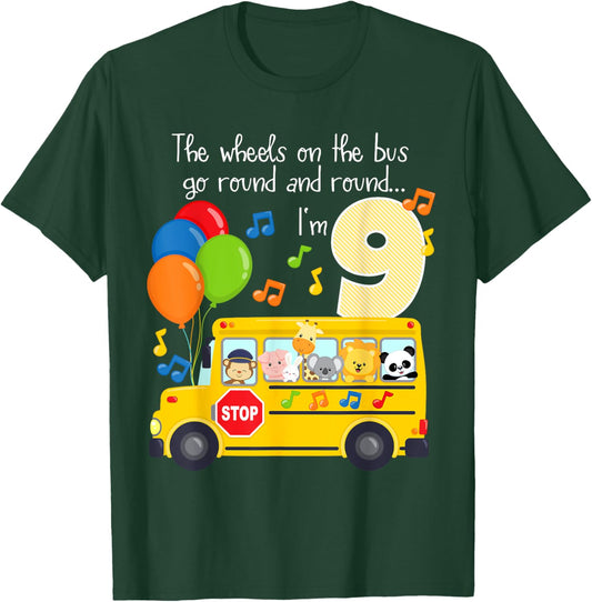 The Wheels On The Bus 9th Birthday 9 Yrs Old Family Matching T-Shirt - T-Shirt | Forest