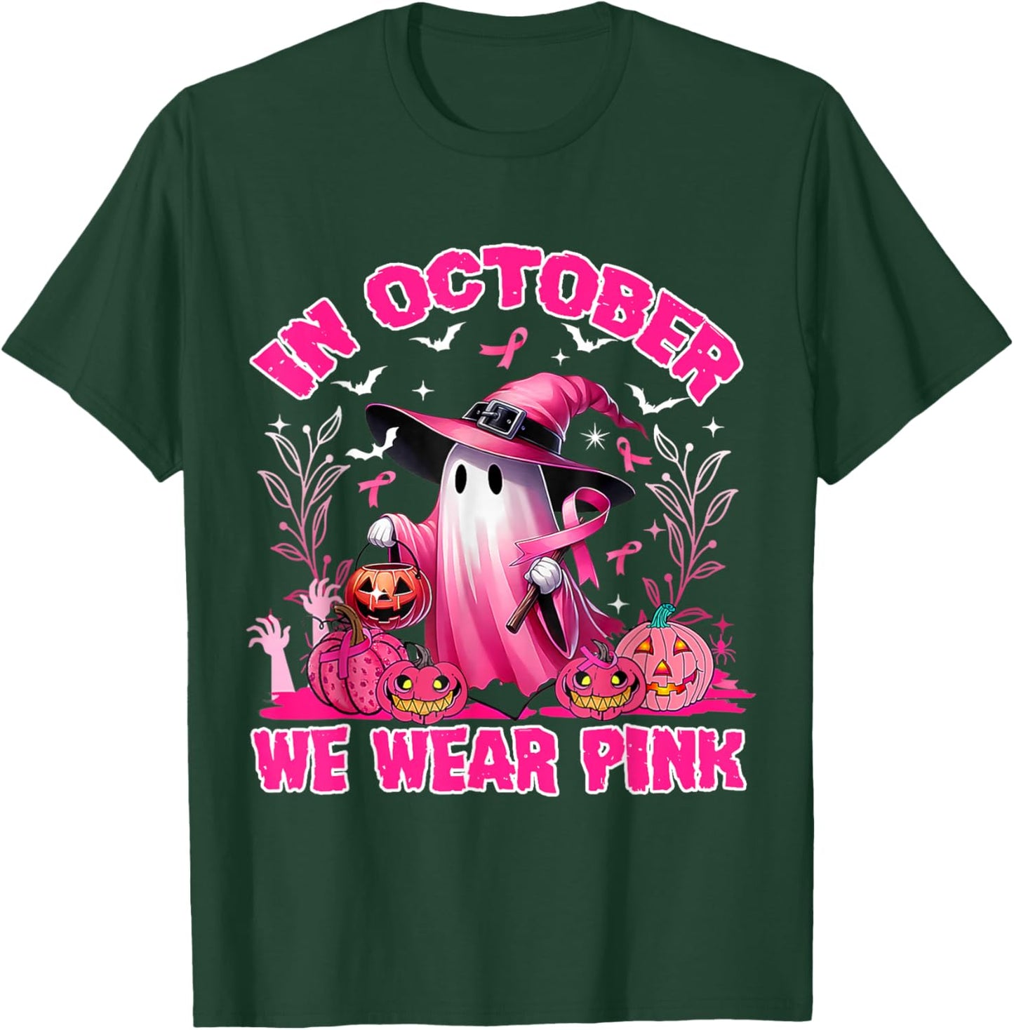In October We Wear Pink Ghost Witch Breast Cancer Awareness T-Shirt - T-Shirt | Forest