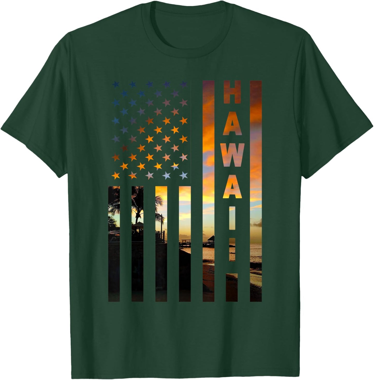 Hawaii Sunset American Flag Honolulu Hawaiian Island T-Shirt - T-Shirt | Forest