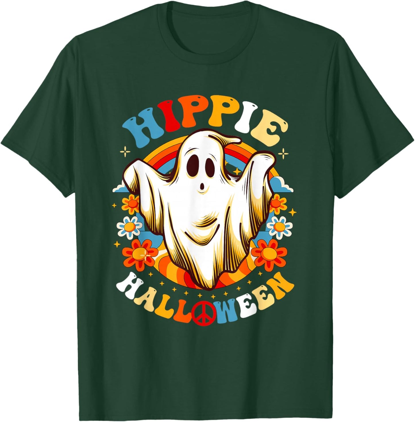 Retro Groovy Peace Hippie Halloween Vintage Floral Ghost T-Shirt - T-Shirt | Forest