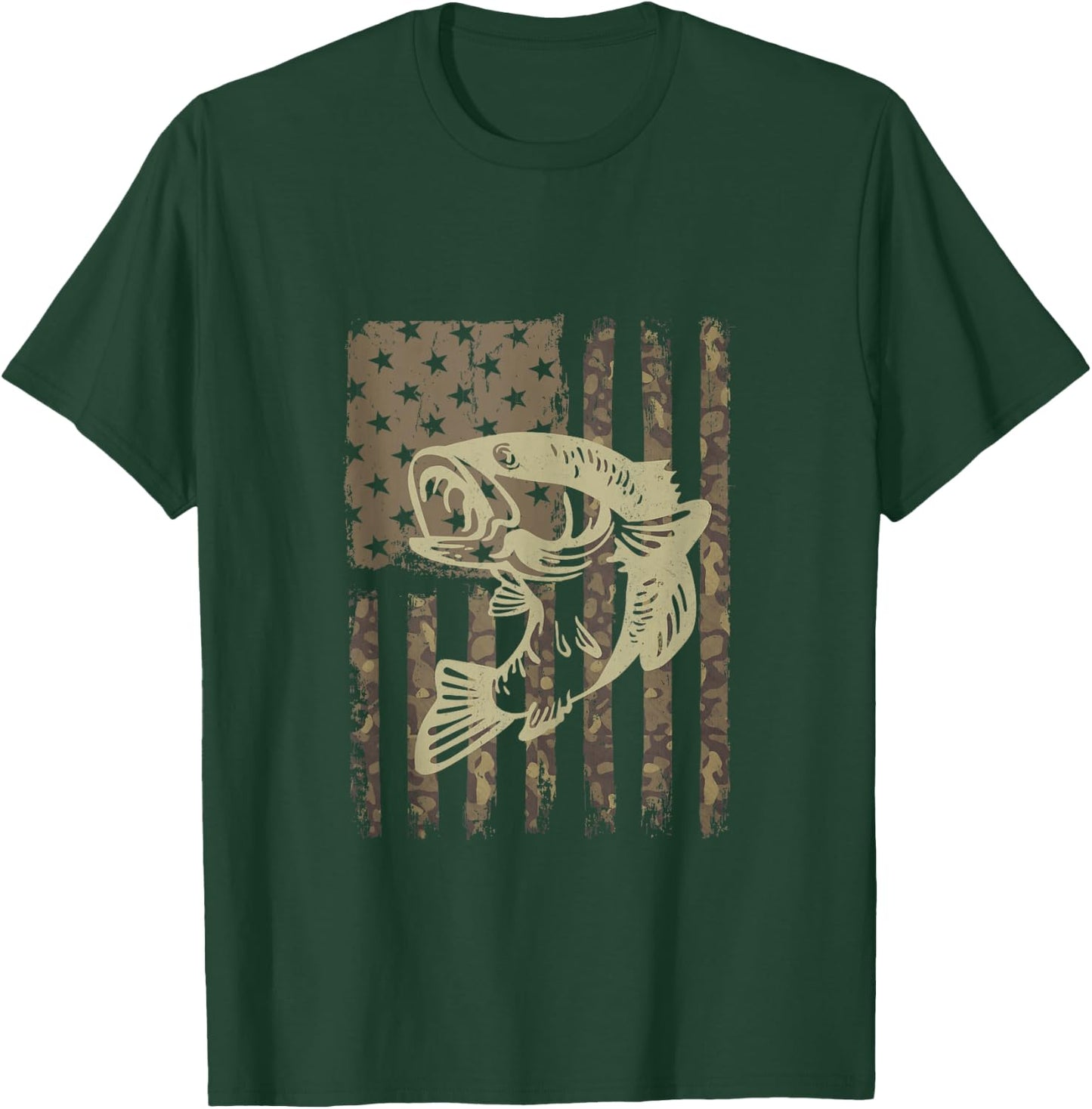Camouflage USA Flag Big Mouth Bass Vintage Fishing T-Shirt - T-Shirt | Forest