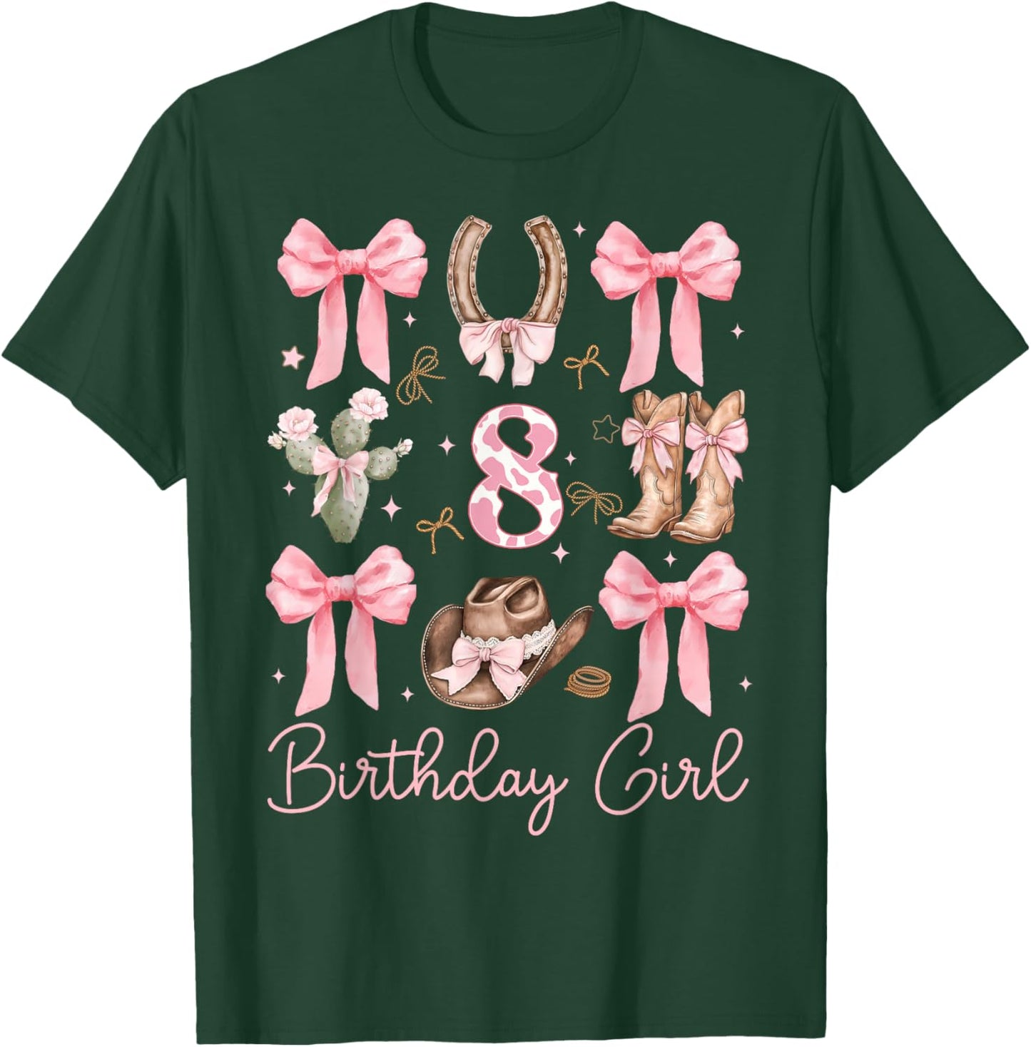 8th Birthday Girl Cowgirl Coquette Bow 8 Year Old Western T-Shirt - T-Shirt | Forest