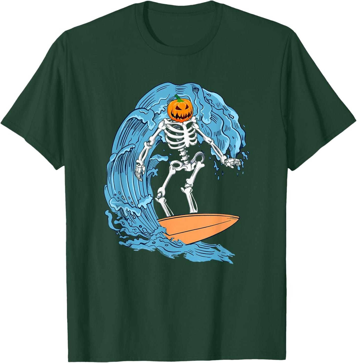 Skeleton Surfing Halloween Pumpkin Surfer T-Shirt - T-Shirt | Forest