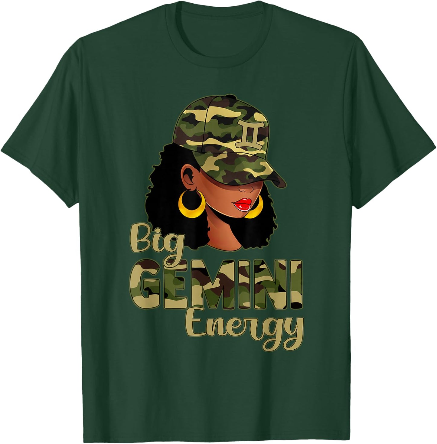 Big Gemini Energy Black Woman Camo Cap Hat Zodiac Sign T-Shirt - T-Shirt | Forest
