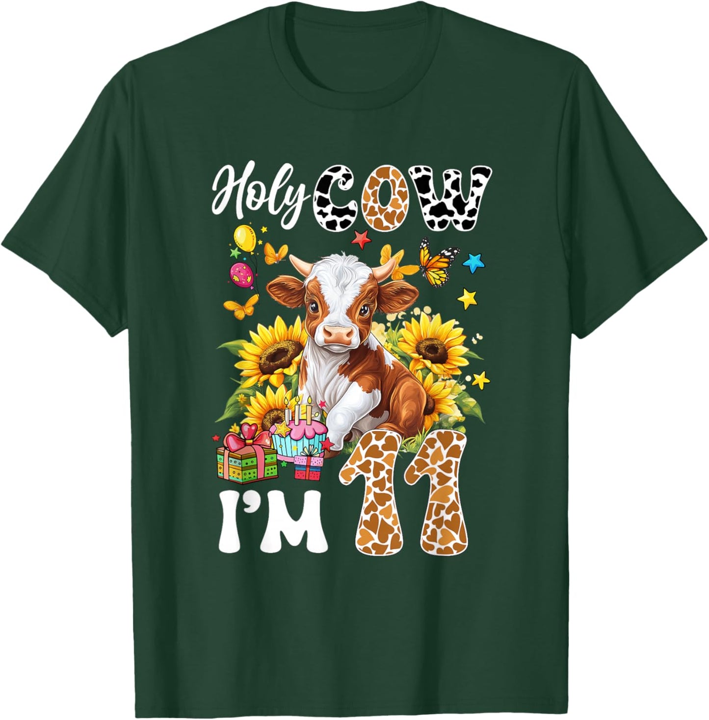 Holy Cow I'm 11 Years Old Farm Cow Sunflowers 11Th Birthday T-Shirt - T-Shirt | Forest
