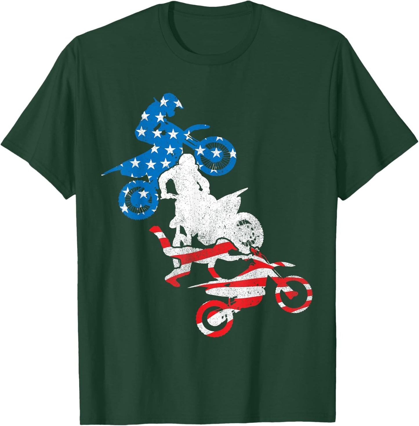 Dirt Bike Rider Blue White Red US Flag Motocross 4th of July T-Shirt - T-Shirt | Forest