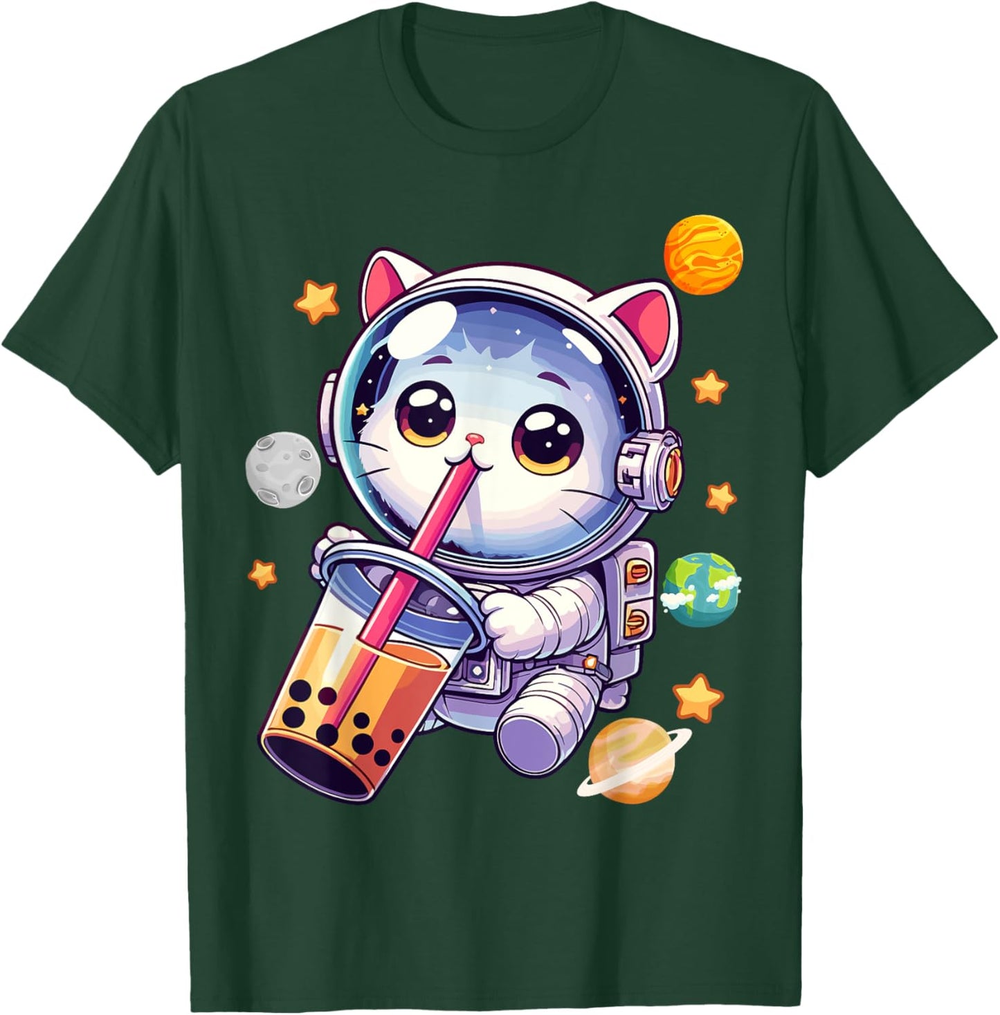 Space Cat Astronaut Boba Tea Boba Cat Galaxy Cute Anime Women Kids T-Shirt - T-Shirt | Forest