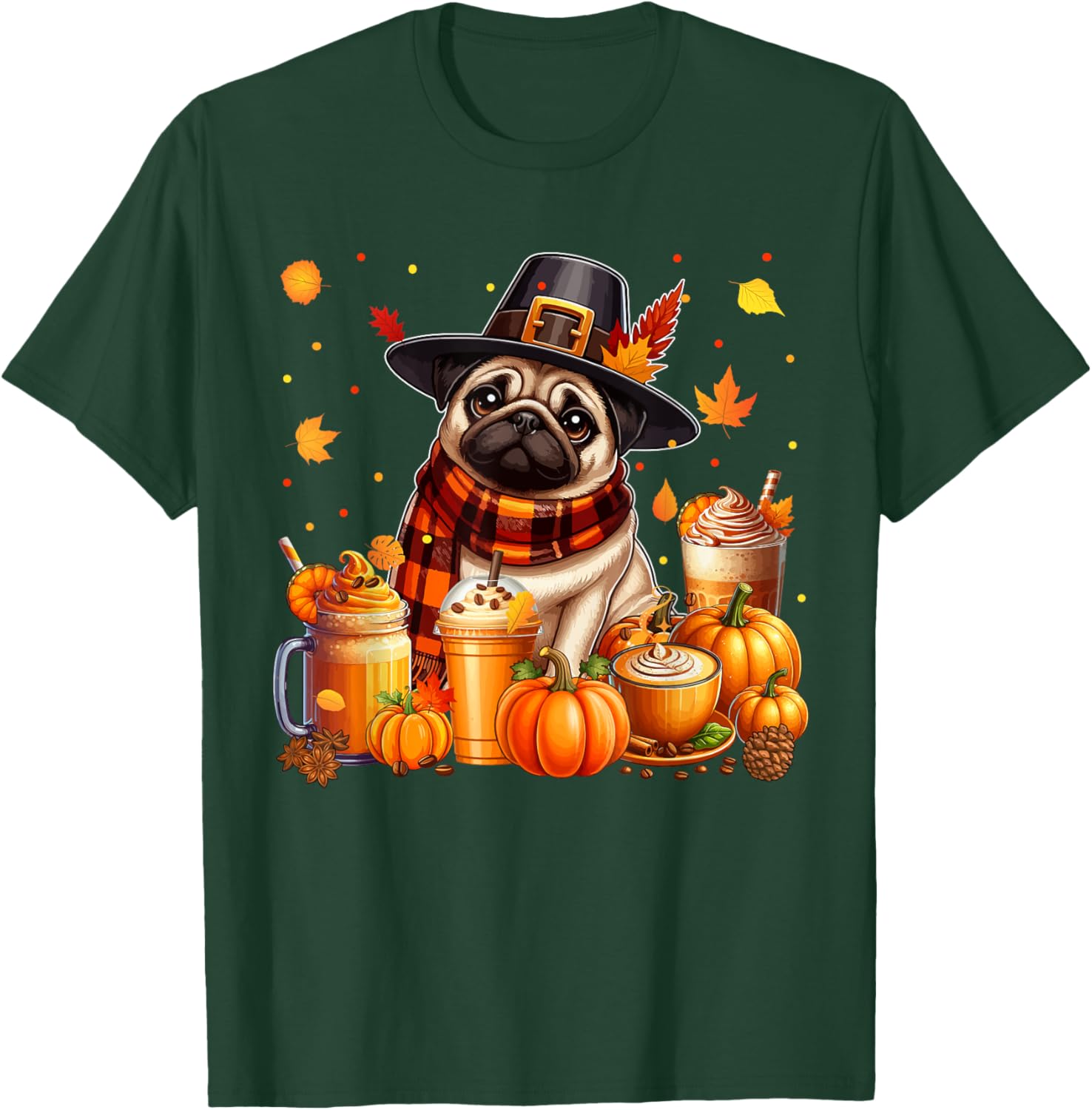 Pug Thanksgiving Drinks Coffee Fall Leaves Pumpkins T-Shirt - T-Shirt | Forest