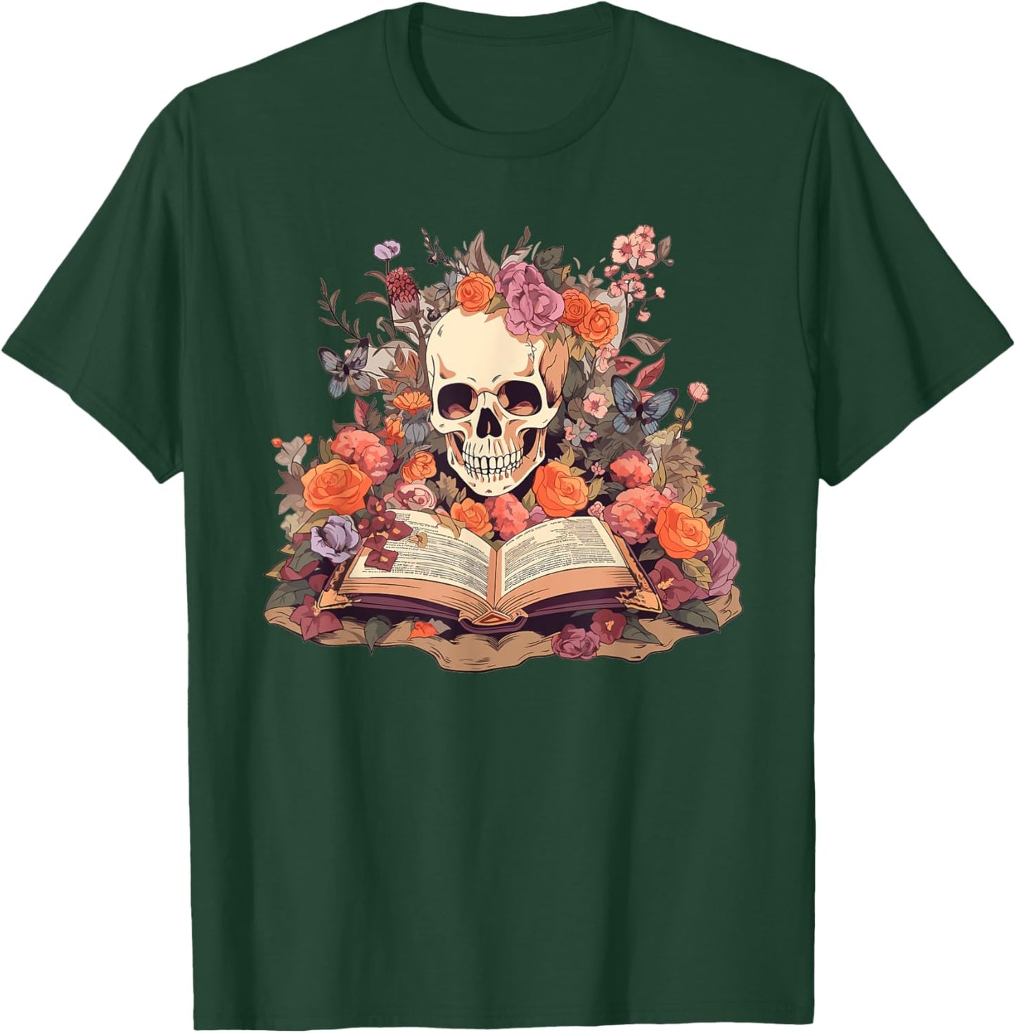 Book Reading Skull Skeleton Flowers Floral Bookish Butterfly T-Shirt - T-Shirt | Forest