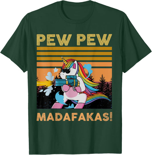 PEW Madafakas Retro Vintage Fantasy Unicorn with Gun T-Shirt - T-Shirt | Forest