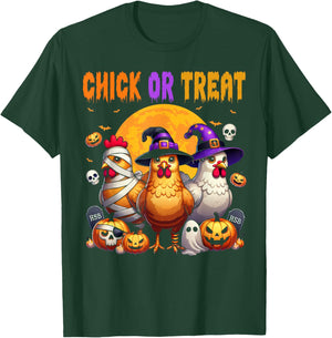 Halloween Chick or Treat Pumpkin Chicken Girl Farmer T-Shirt - T-Shirt | Forest