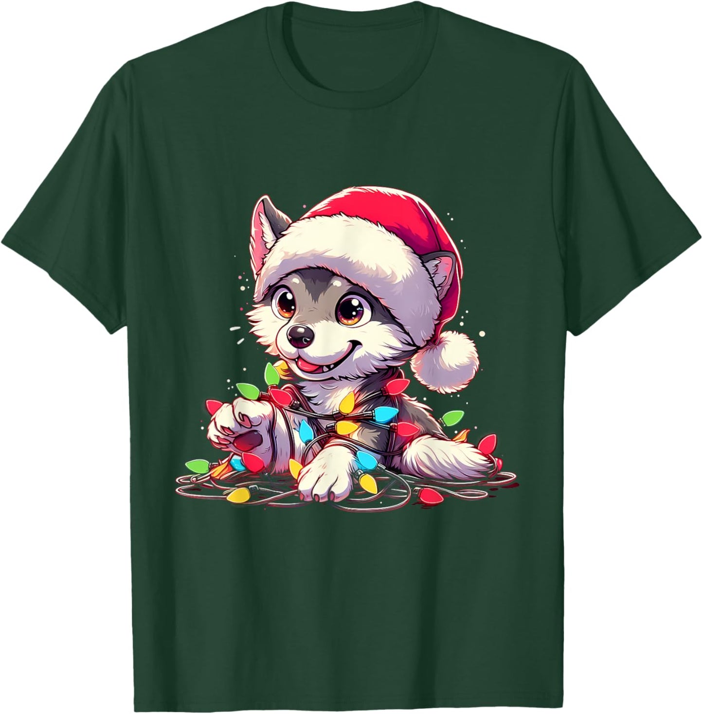 Merry Wolfmas Christmas Lights Cute Wolf Santa Hat T-Shirt - T-Shirt | Forest