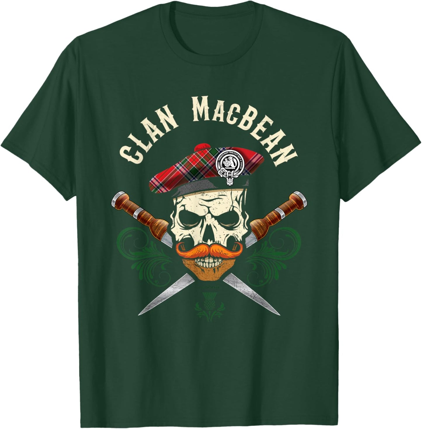Scottish Clan MacBean Surname Skull Dirks Tartan Badge T-Shirt - T-Shirt | Forest