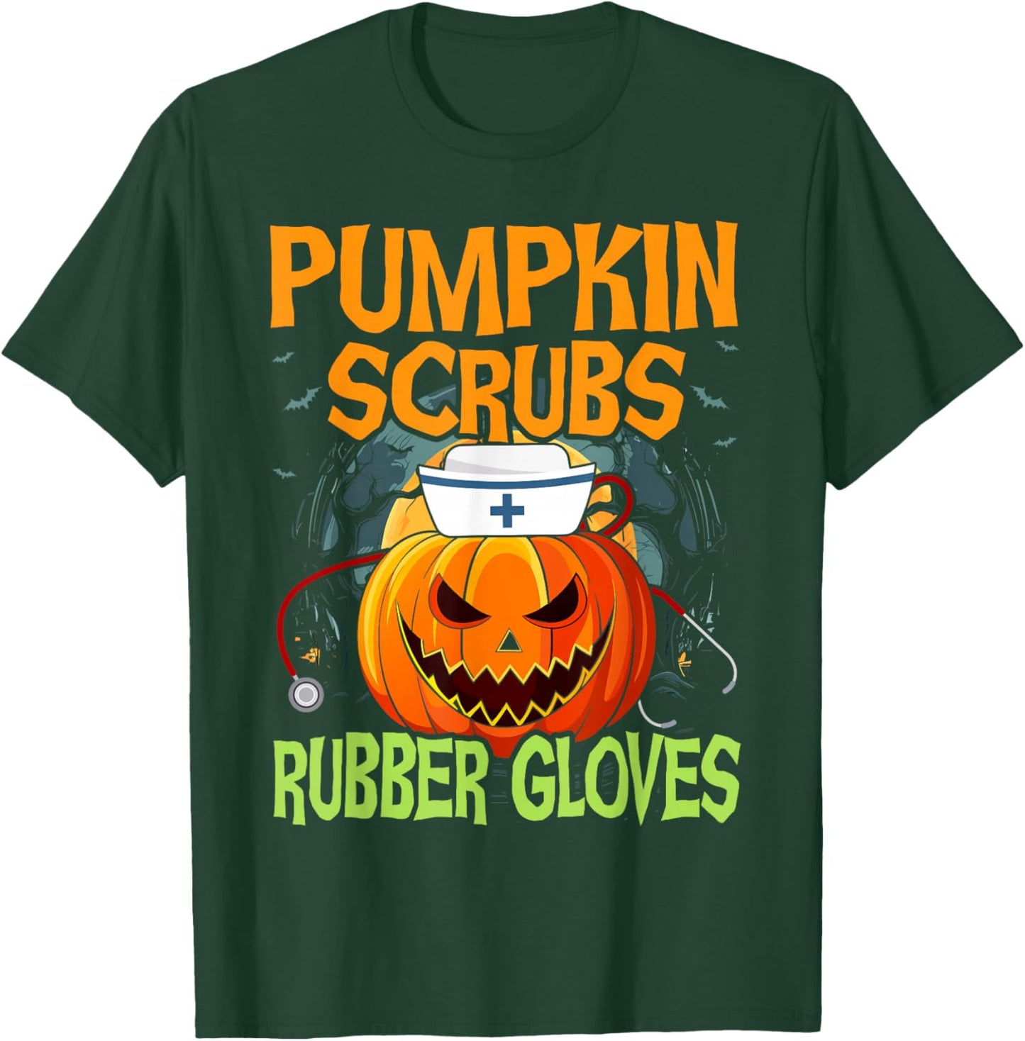 Pumpkin Scrubs Rubber Gloves Halloween Costume Nursing Nurse T-Shirt - T-Shirt | Forest