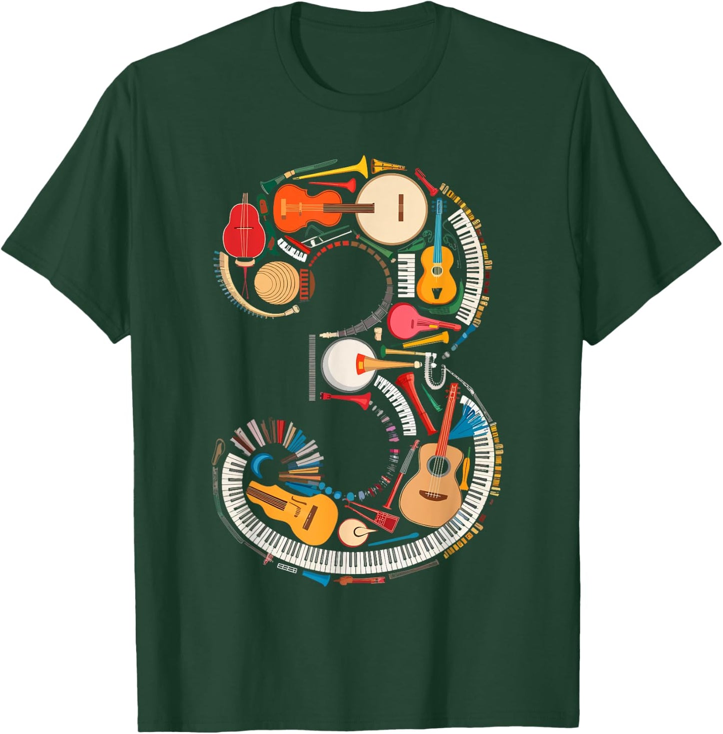 Musical Instruments Theme 3rd Birthday Musician Music Player T-Shirt - T-Shirt | Forest