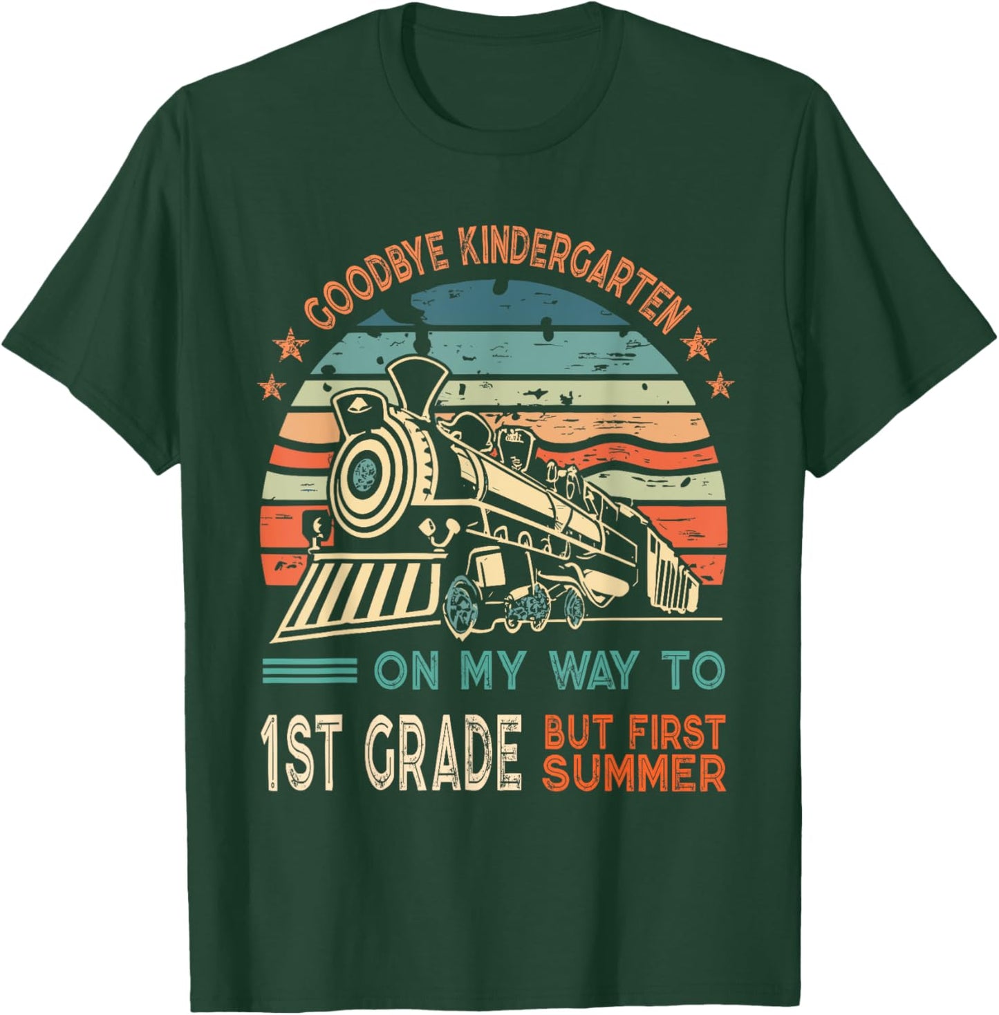 Goodbye Kindergarten To 1st Grade Summer Kids Vintage Train T-Shirt - T-Shirt | Forest