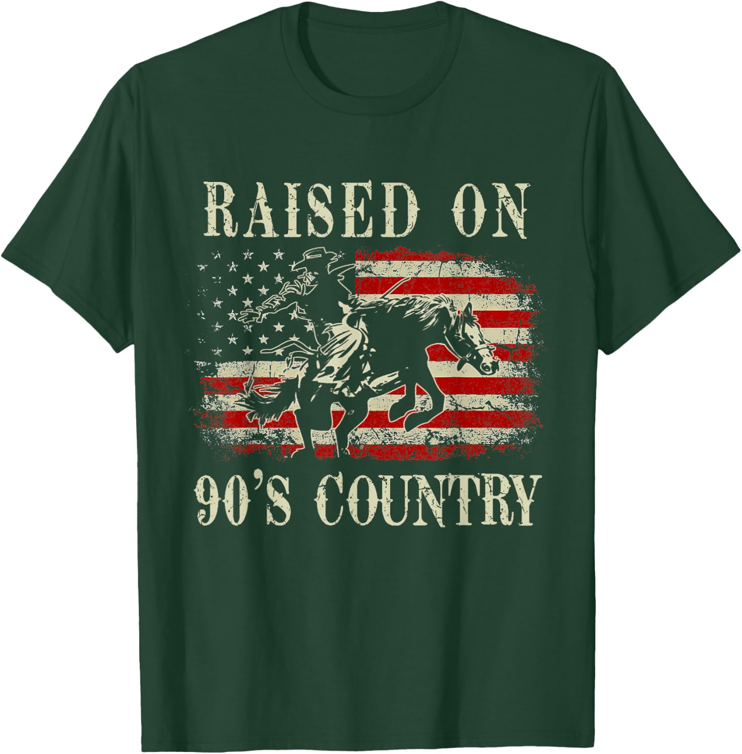 Raised On 90's Country Cowboy Riding Horse Vintage USA Flag T-Shirt - T-Shirt | Forest