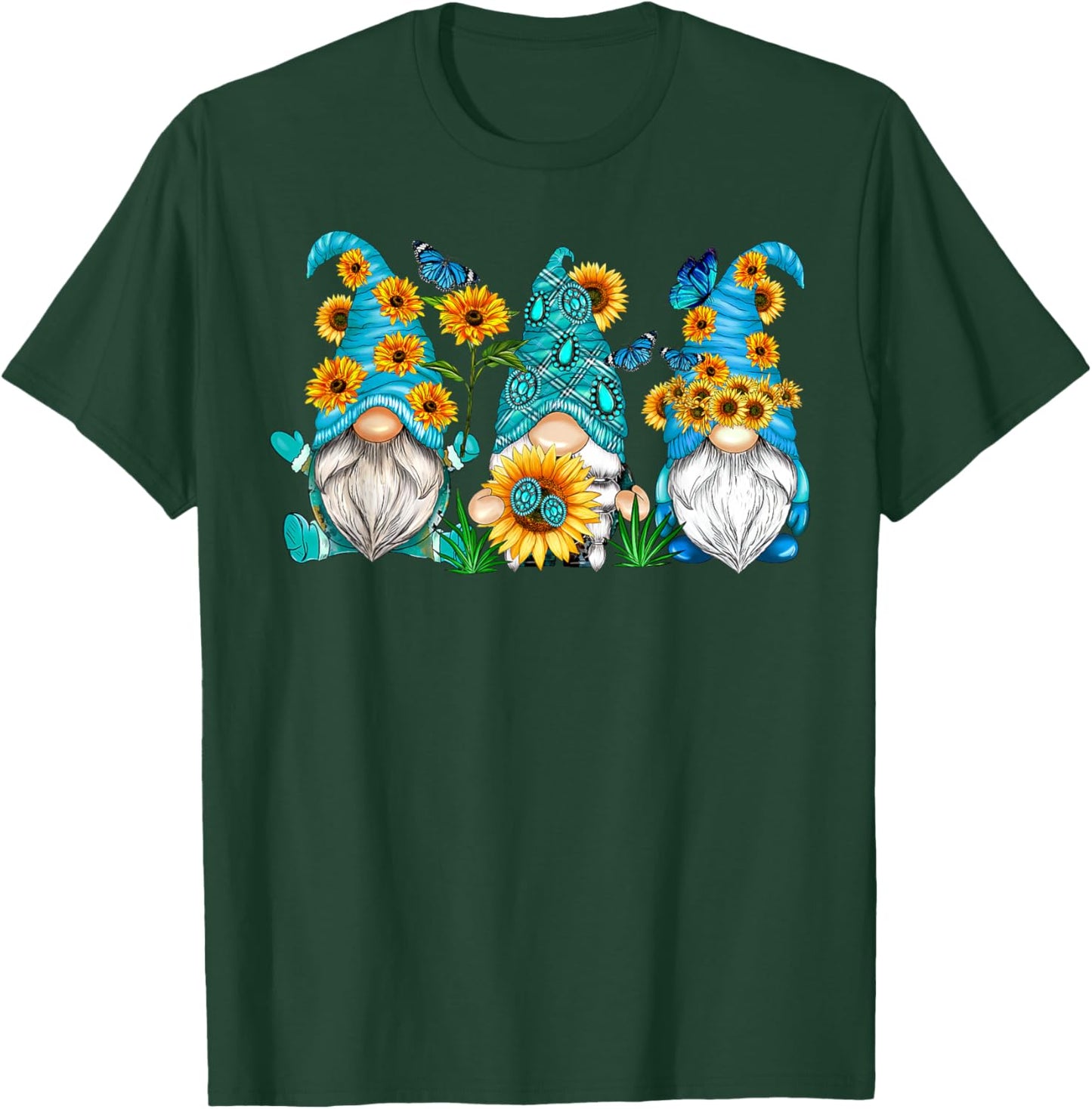 Cute Gnomes With Sunflower Butterfly Gardeners Summer Floral T-Shirt - T-Shirt | Forest