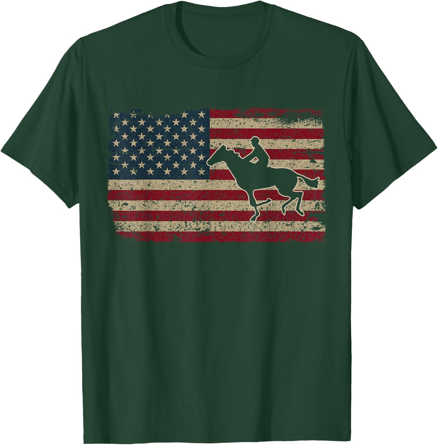 Horseback Riding America Flag Gift Horseman Horse Racing T-Shirt - T-Shirt | Forest