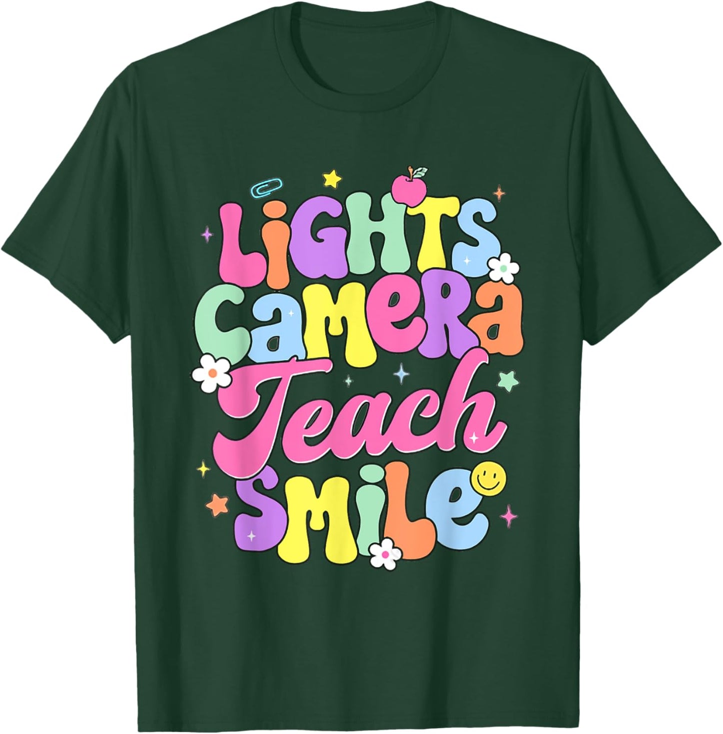 Retro Lights Camera Teach Smile Back To School Teacher Women T-Shirt - T-Shirt | Forest