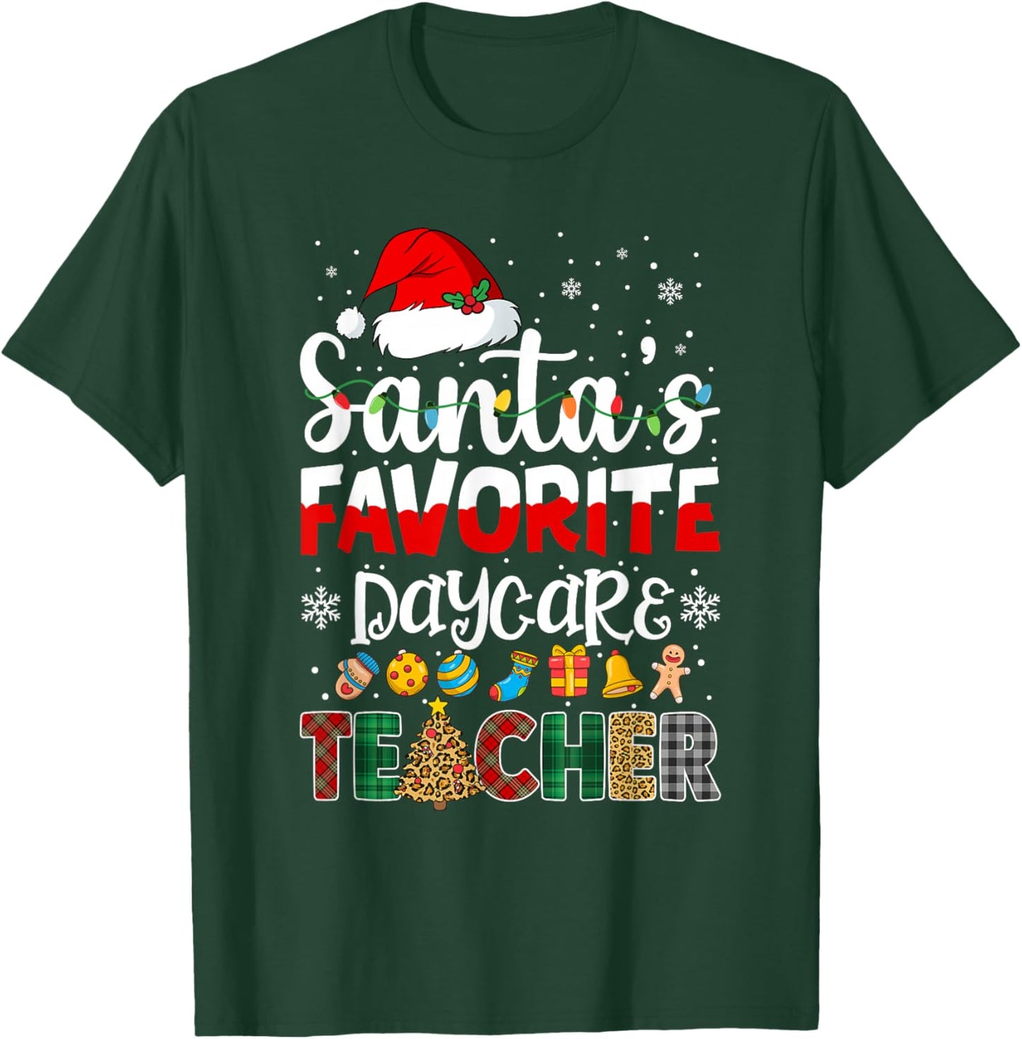 Santa's Favorite Daycare Teacher Buffalo Plaid Christmas T-Shirt - T-Shirt | Forest