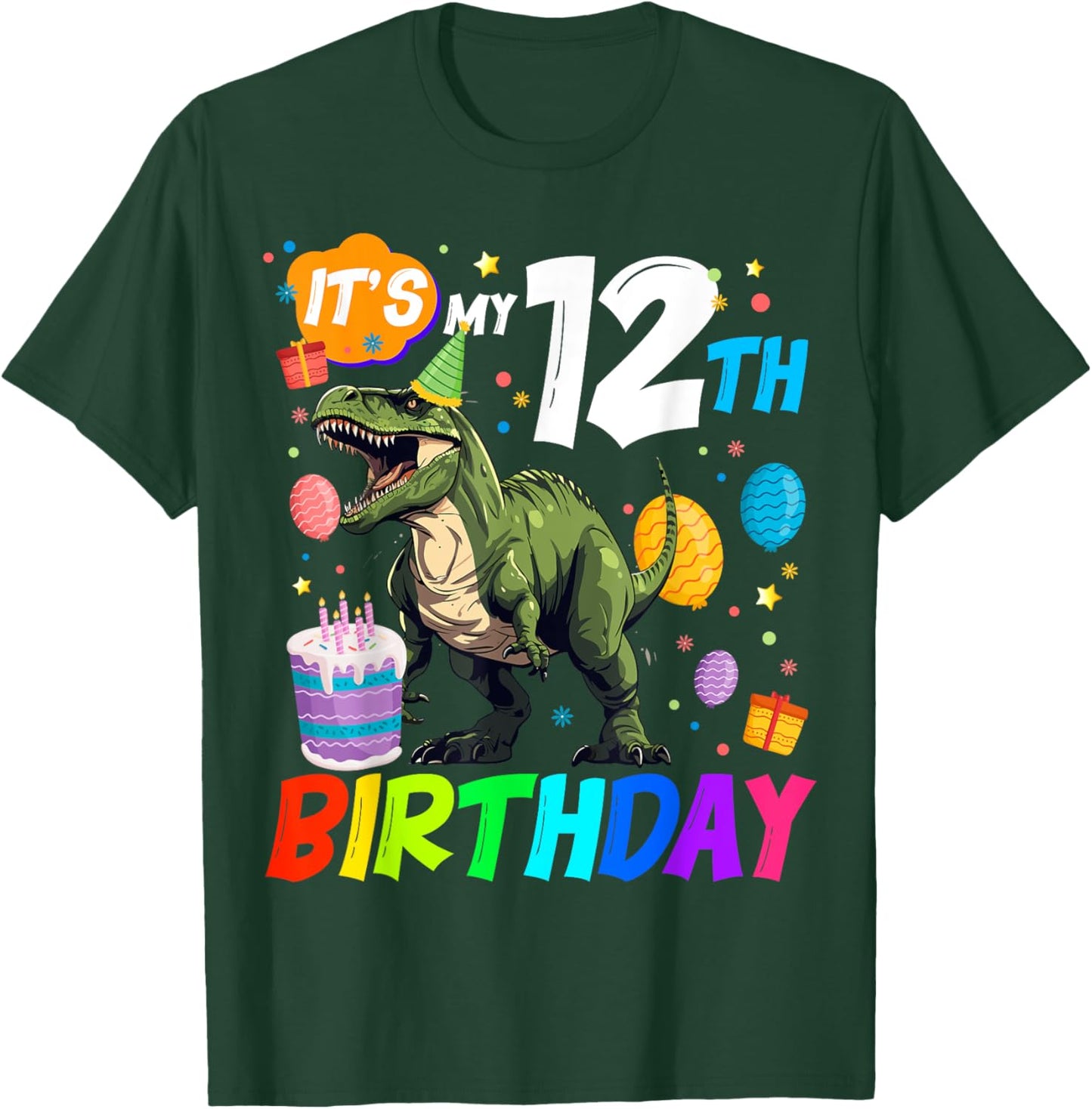It's My 12th Birthday Dinosaur Rawr I'm 12 Year Old Cool T-Shirt - T-Shirt | Forest