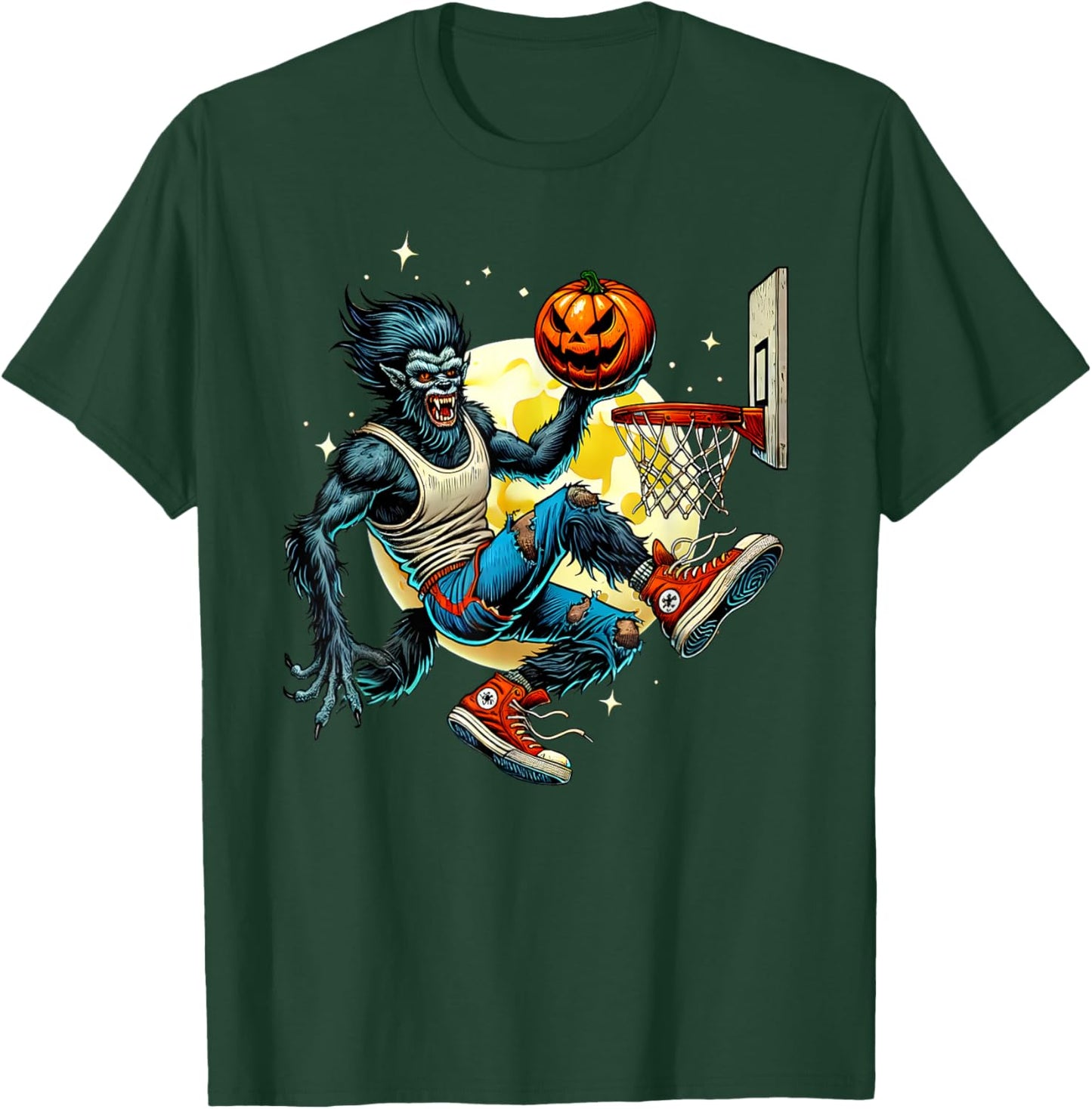 Halloween Werewolf Basketball Player Slam Dunk Graphic T-Shirt - T-Shirt | Forest