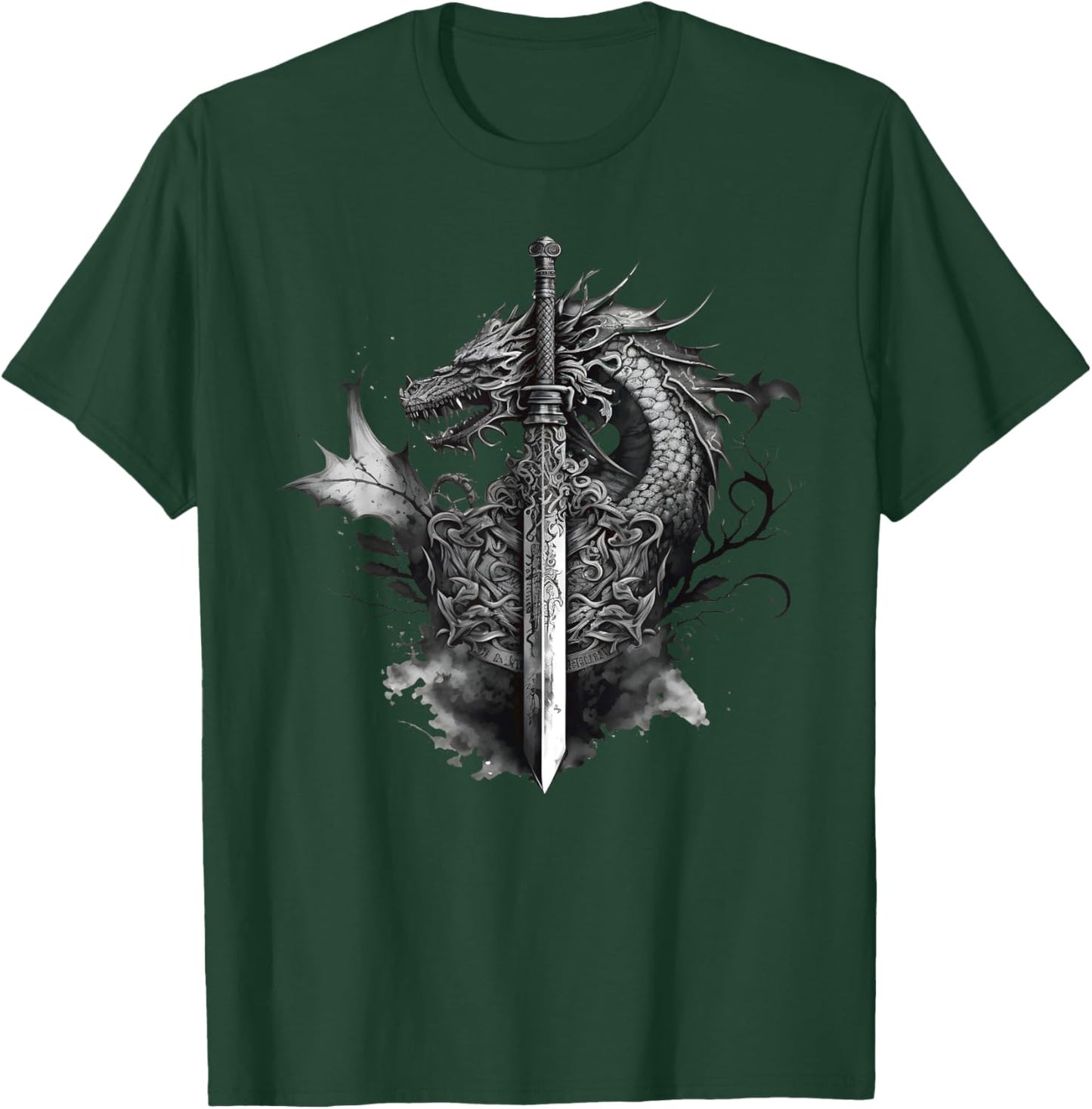 Dragon Sword Roses Tattoo Art Style Medieval Dark Fantasy T-Shirt - T-Shirt | Forest