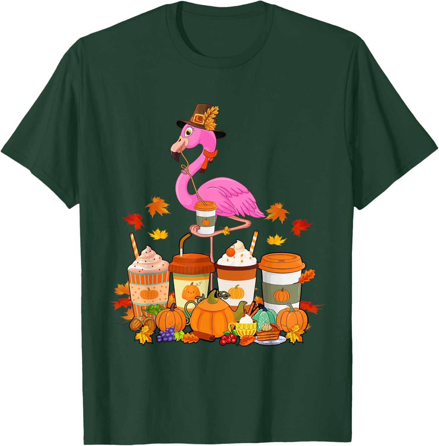 Thanksgiving Flamingo Wearing Hat Case Coffee Cups Lover T-Shirt - T-Shirt | Forest