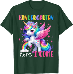 Kindergarten Here I Come Unicorn Girls Kids Back To School T-Shirt - T-Shirt | Forest