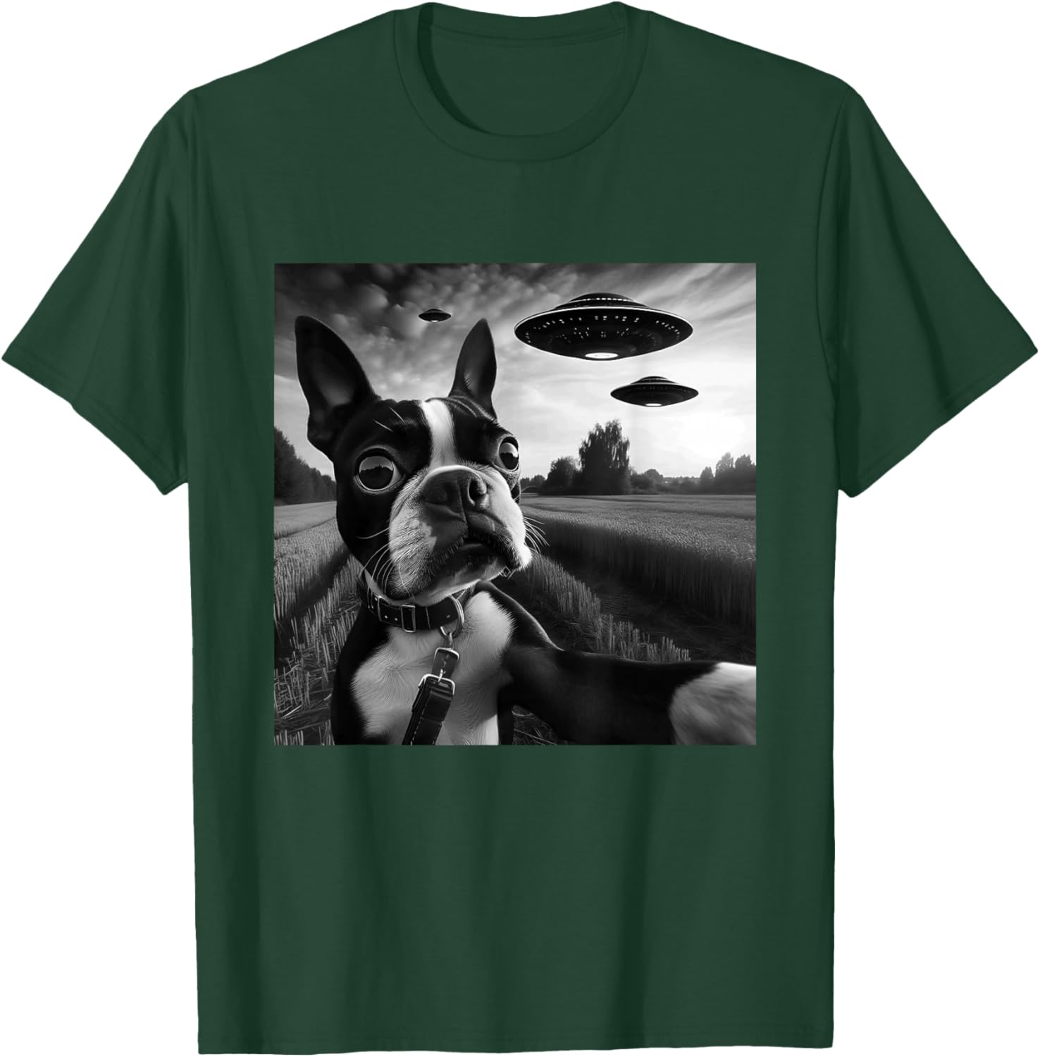 Boston Terrier Funny Graphic Selfie with UFOs Weird Aliens T-Shirt - T-Shirt | Forest