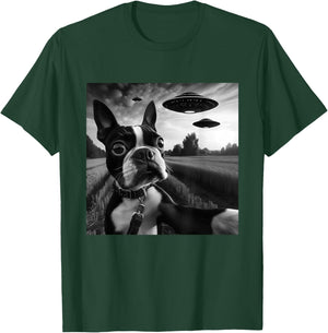 Boston Terrier Funny Graphic Selfie with UFOs Weird Aliens T-Shirt - T-Shirt | Forest
