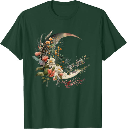 Floral Flower Crescent Moon T-Shirt - T-Shirt | Forest