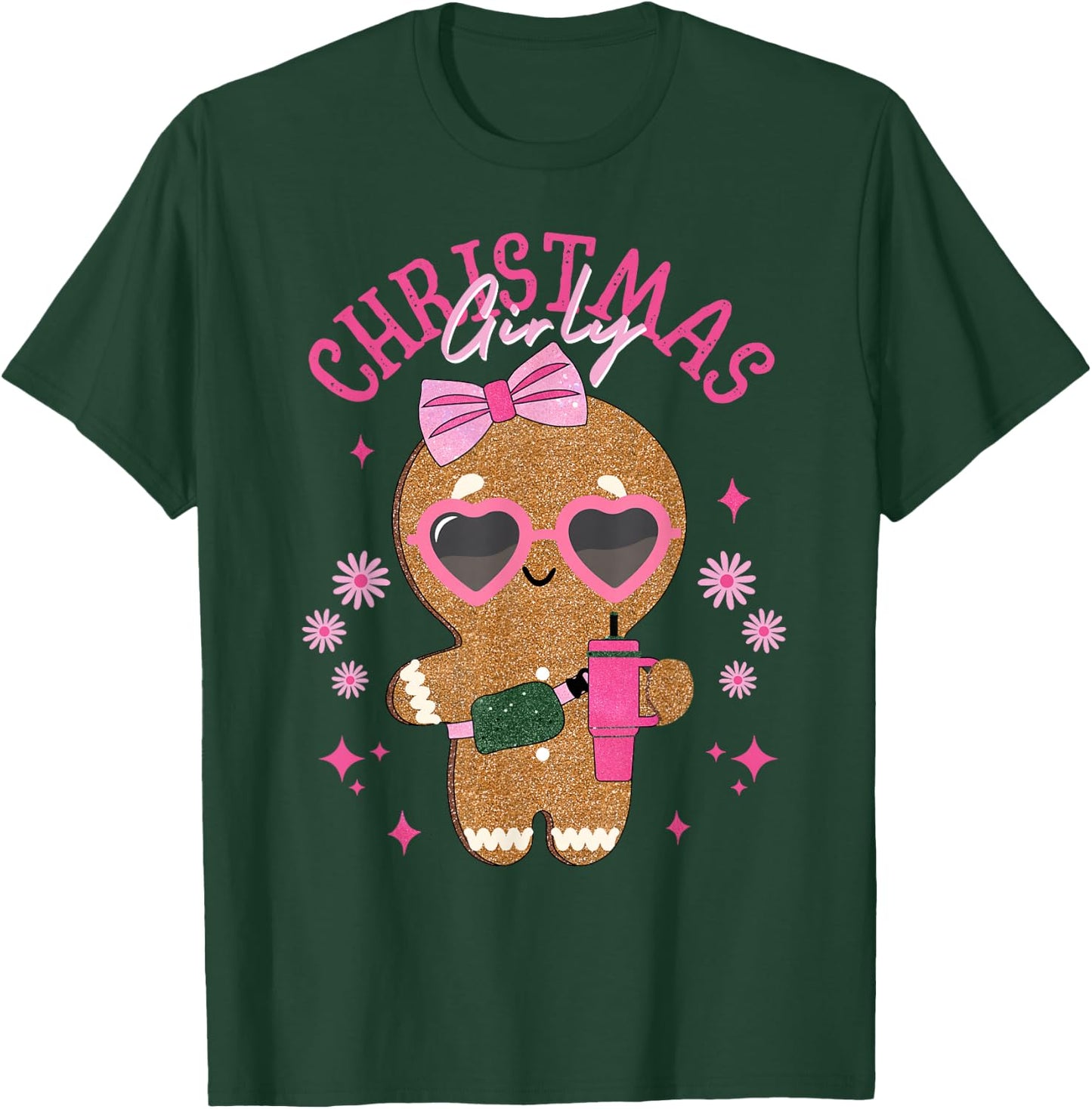 Coquette Bow Pink Gingerbread Christmas Girly Xmas Holiday T-Shirt - T-Shirt | Forest