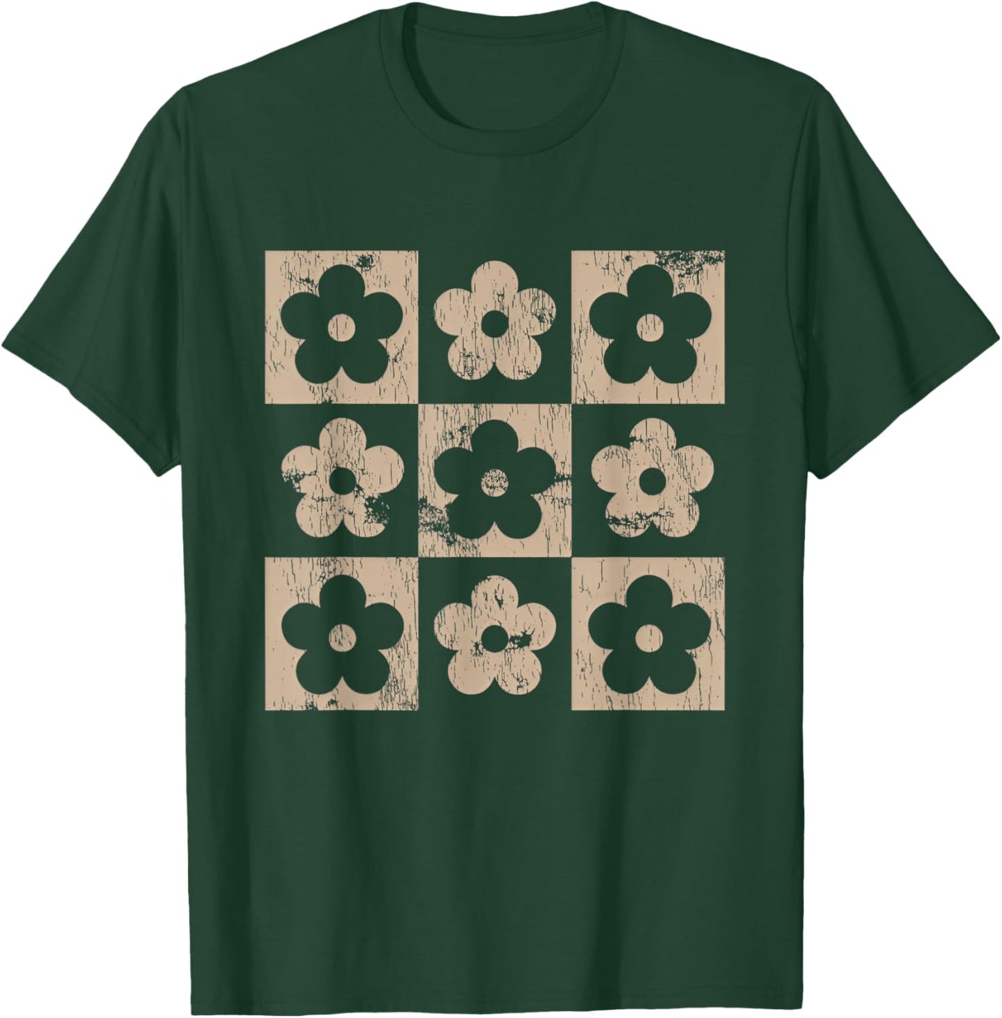 Neutral Checkerboard Daisy Flowers Retro Boho Floral Women T-Shirt - T-Shirt | Forest