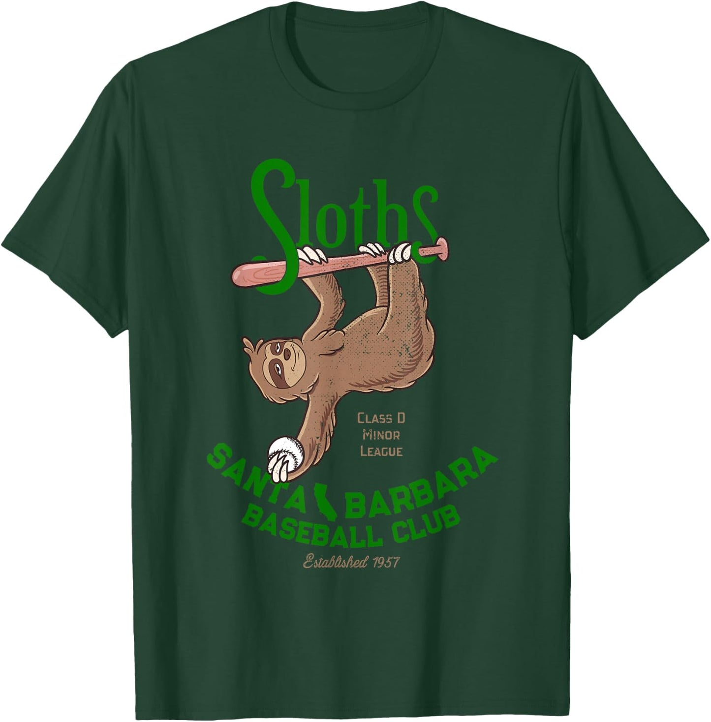 Santa Barbara Sloths Minor League Retro Baseball Team T-Shirt - T-Shirt | Forest