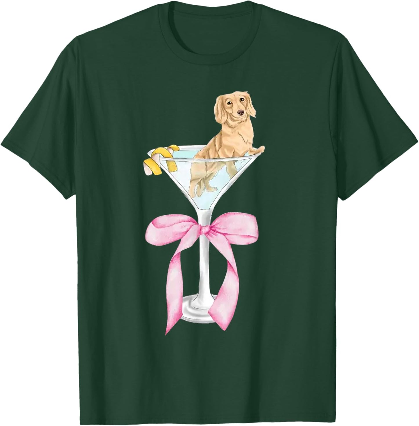 Funny Dachshund Dog With Martini Glass Coquette Pink Bow T-Shirt - T-Shirt | Forest