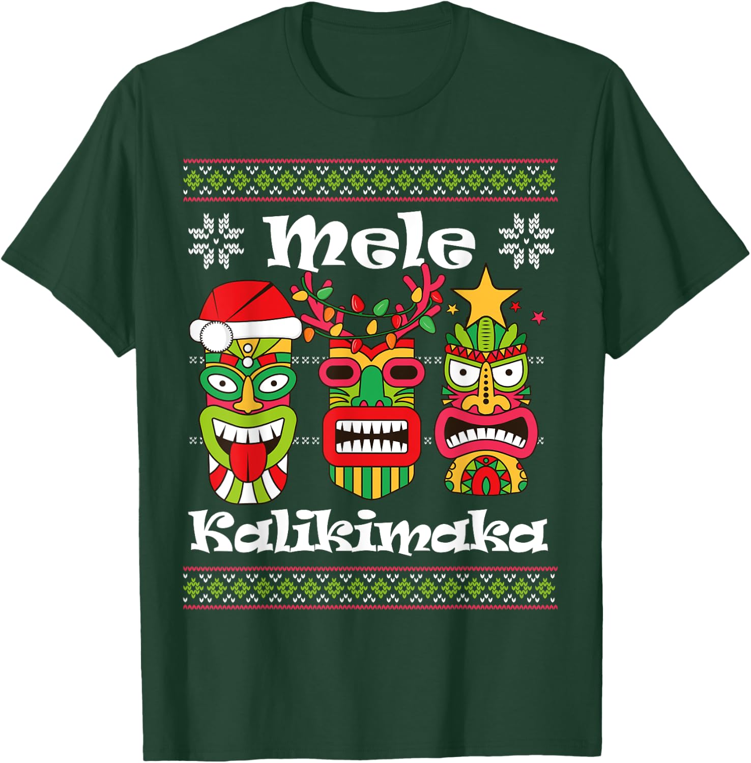 Mele Kalikimaka Christmas Hawaiian Santa Tiki Ugly Xmas T-Shirt - T-Shirt | Forest