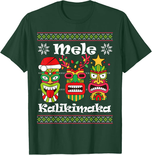 Mele Kalikimaka Christmas Hawaiian Santa Tiki Ugly Xmas T-Shirt - T-Shirt | Forest