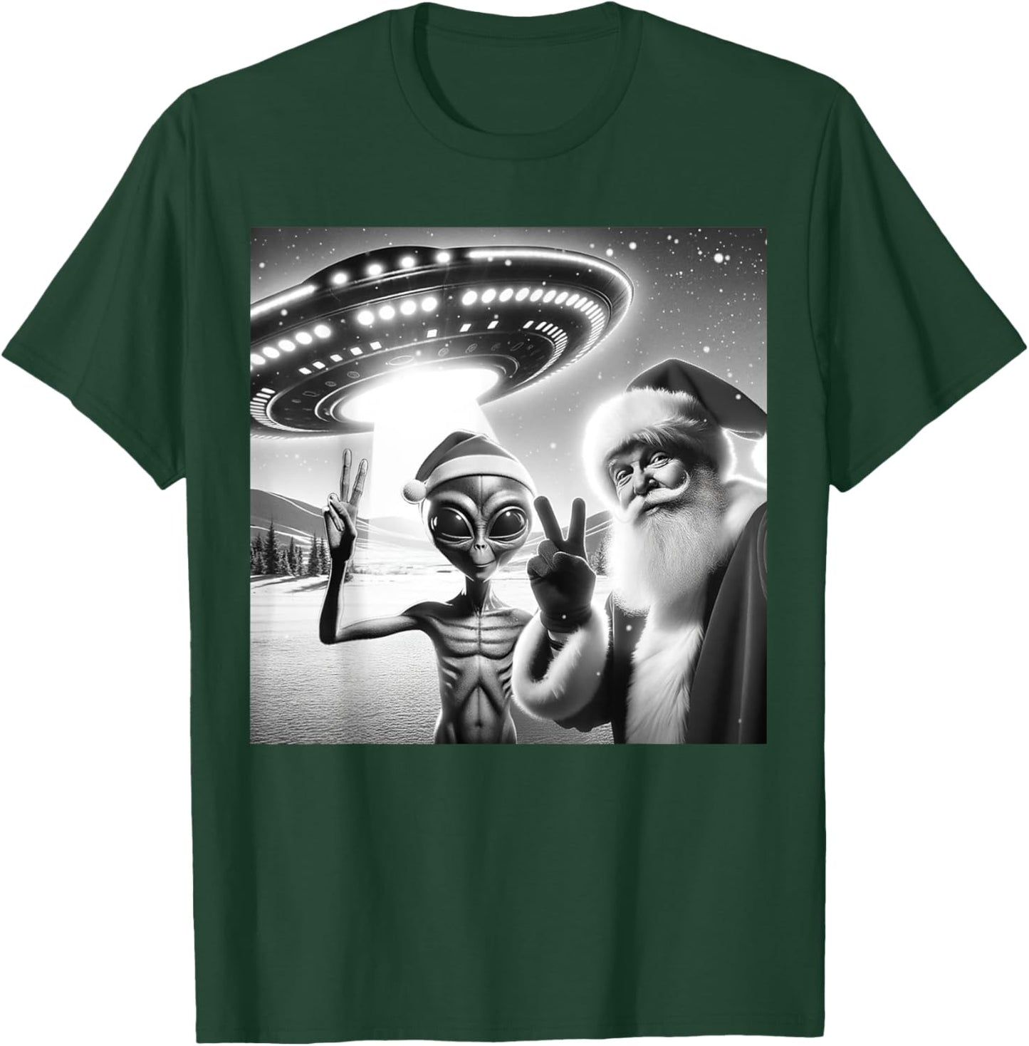 Funny Santa Selfie Alien UFO Lover Peace Sign Ugly Christmas T-Shirt - T-Shirt | Forest