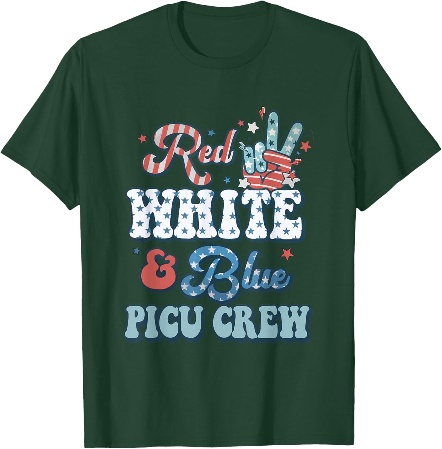Retro Fourth Of July Vibes Red White Blue PICU Nurse Crew T-Shirt - T-Shirt | Forest