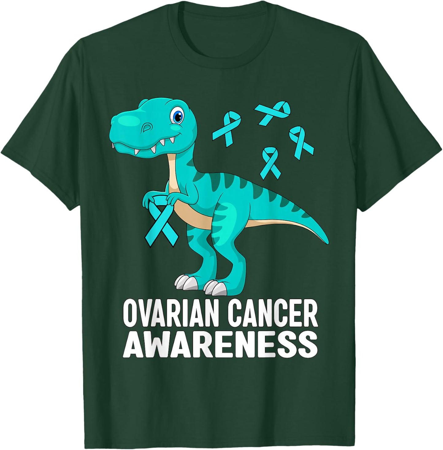Ovarian Cancer Awareness Teal Ribbon Dinosaur Women Men Kids T-Shirt - T-Shirt | Forest