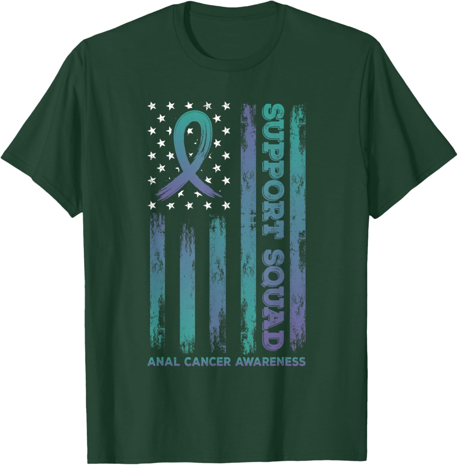 Anal Cancer Support Squad USA Flag Awareness Ribbon T-Shirt - T-Shirt | Forest
