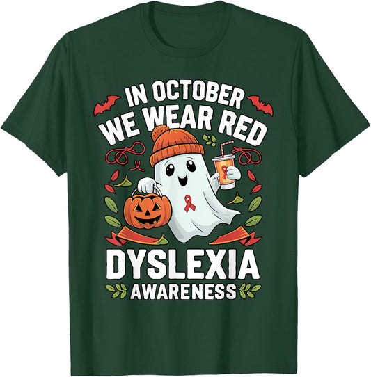 Awareness Ribbon October Wear Red Dyslexia Awareness Ghost T-Shirt - T-Shirt | Forest