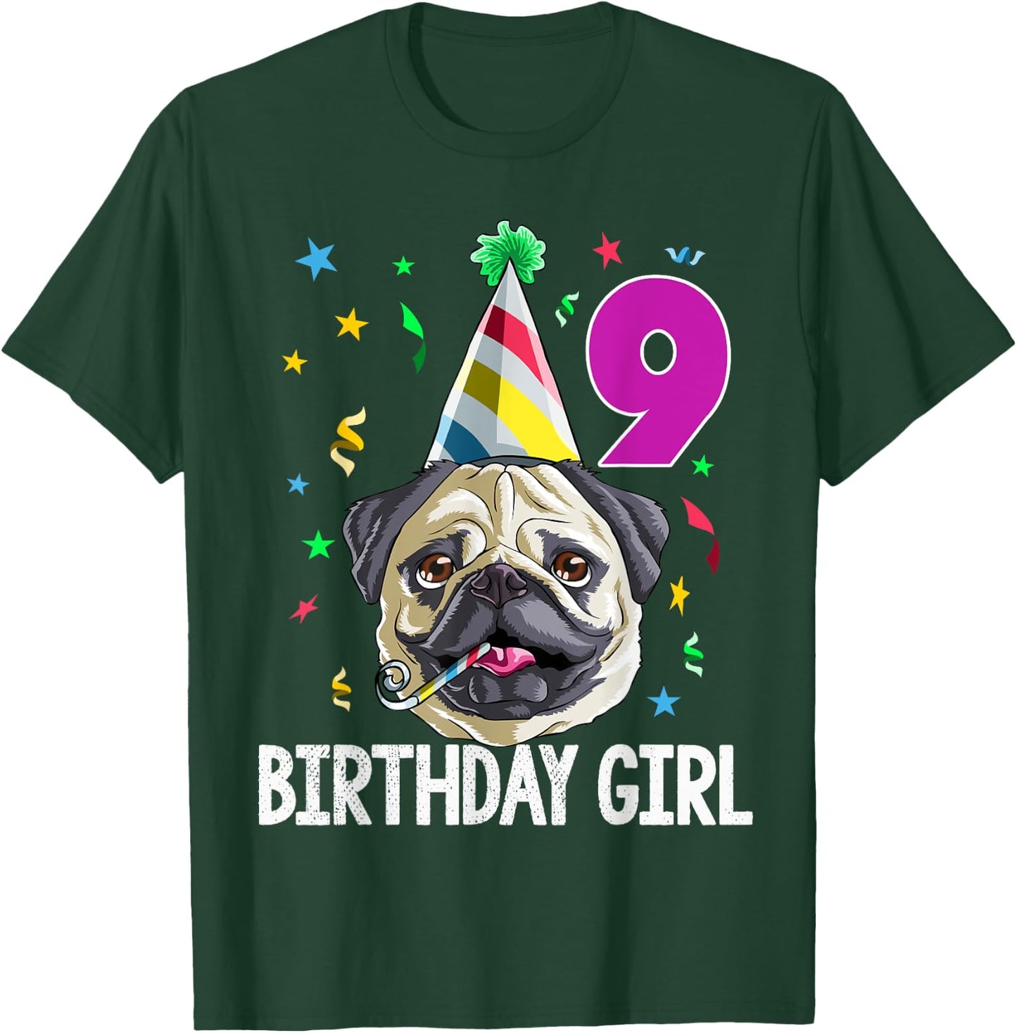 Pug Birthday Girl 9th 9 T Shirt Kids Girls Gift Party T-Shirt - T-Shirt | Forest
