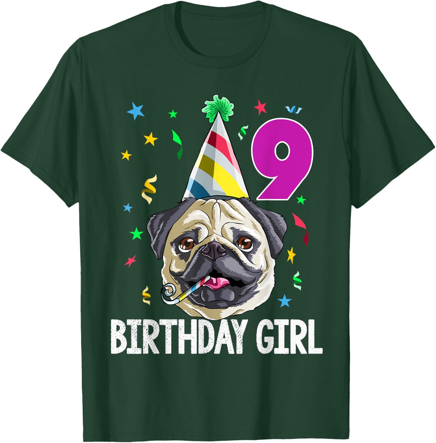 Pug Birthday Girl 9th 9 T Shirt Kids Girls Gift Party T-Shirt - T-Shirt | Forest