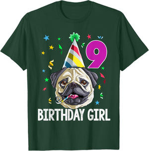 Pug Birthday Girl 9th 9 T Shirt Kids Girls Gift Party T-Shirt - T-Shirt | Forest